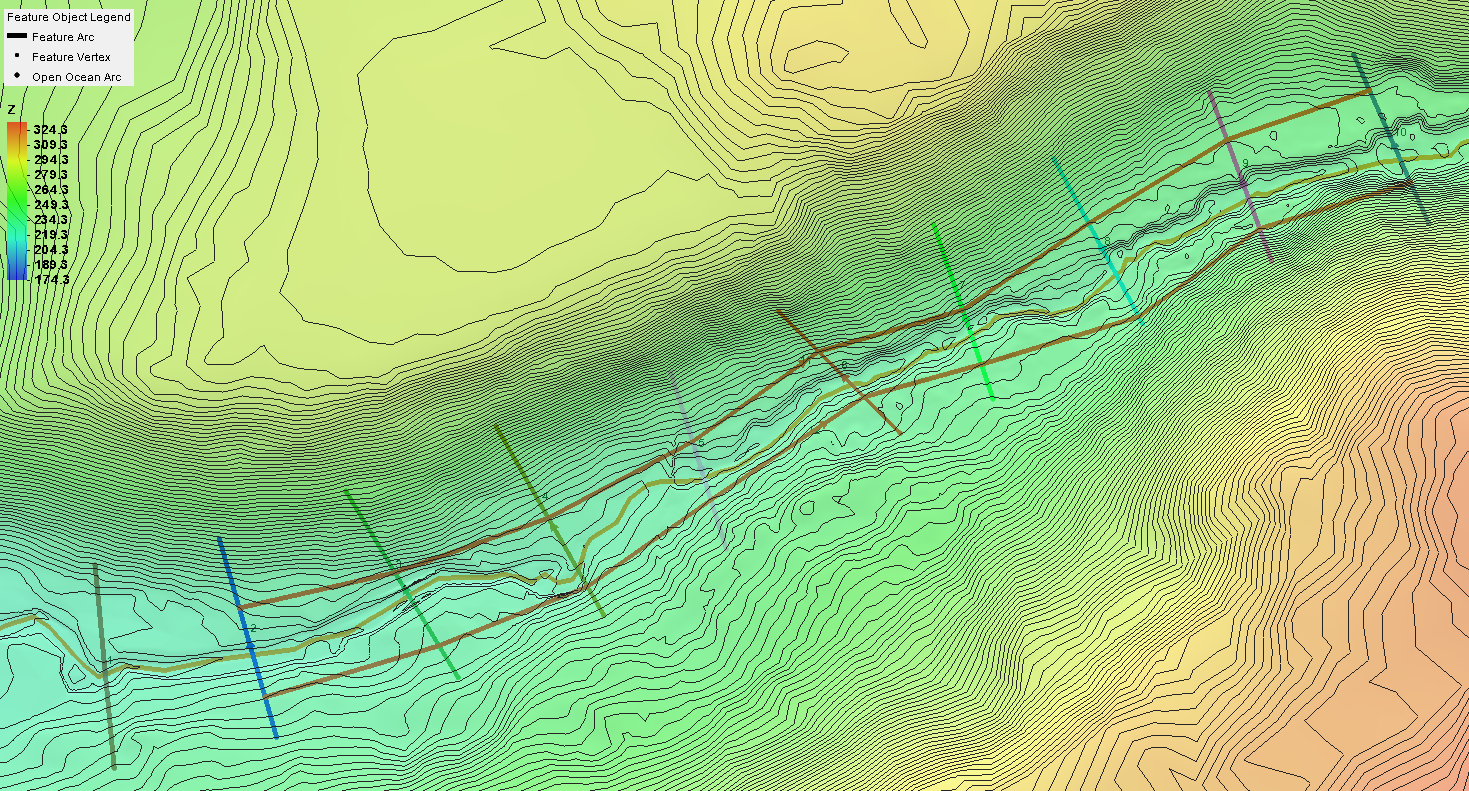 Plan view of 9 cross sections in the design reference reach used to derive the 46 ft average (Attachment J)